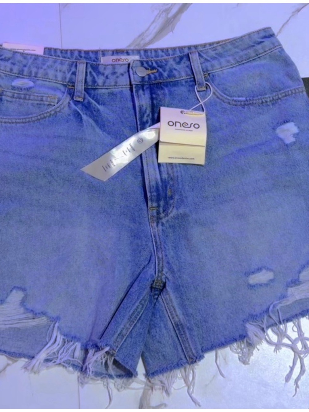 Light Blue Distressed Denim Jean Shorts with Frayed Hem